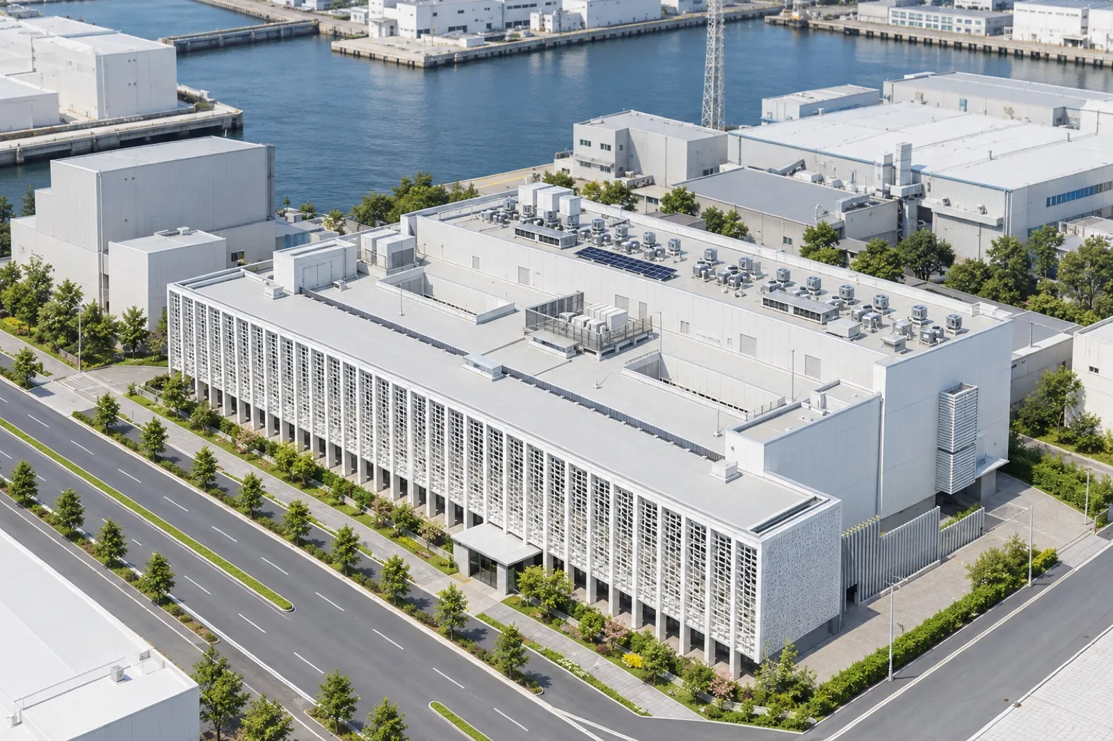 横浜市東部斎場の外観。白い縦格子に覆われた横長の4階建ての建物（イメージ）