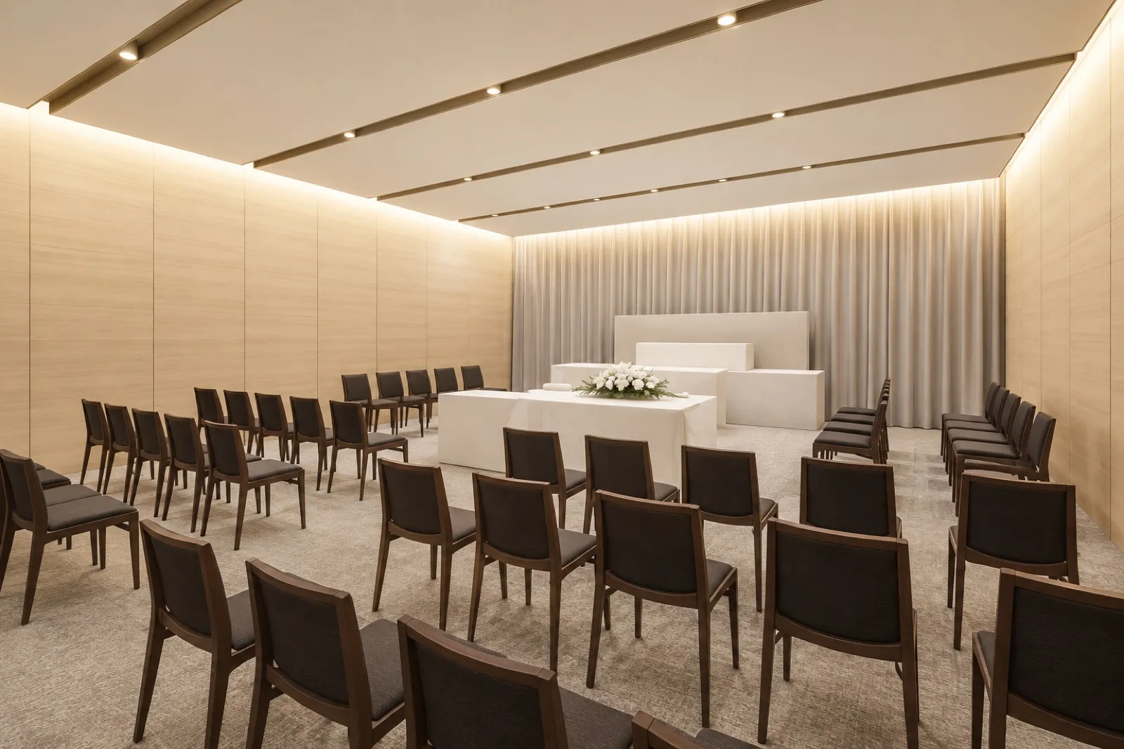 横浜市東部斎場の葬祭ホール。木目の壁の前に白い祭壇があり、椅子が並ぶ(イメージ)